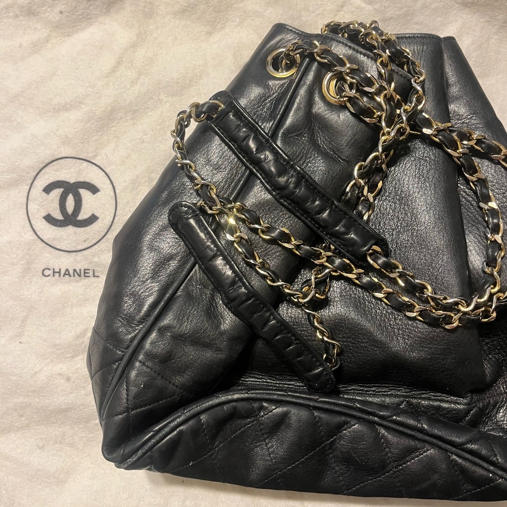 Vintage Chanel Black Leather Backpack with Gold Chain